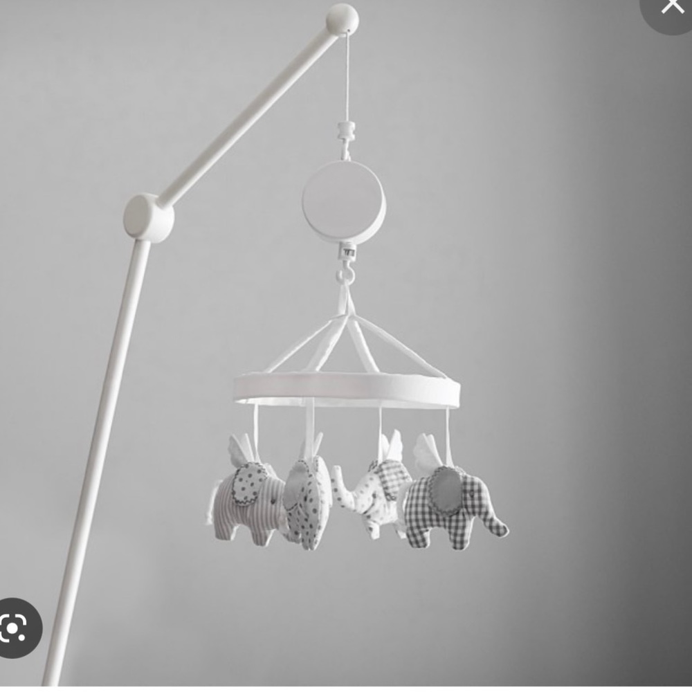 Pottery Barn Kids flying gray white elephant musical crib mobile with arm